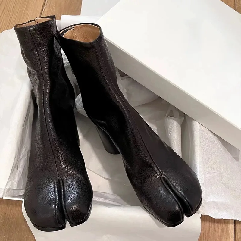 

Tabi Botas Mujer Genuine Leather Shoes Thin Heels Zapatos Para Mujeres Sewing Shoes For Women Turned-over Edge Solid ANKLE Botas