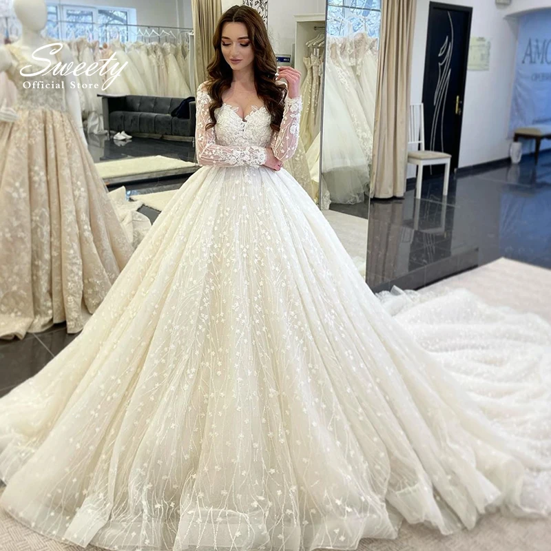 

Luxurious Wedding Dress Organza With Embroidery Lace Princess Ball Gown Boat Neck Full Sleeve Bride Button Vestido De Novia
