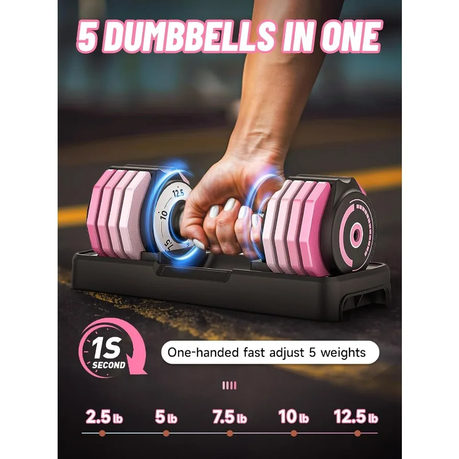 Adjustable Dumbbells Set 12.5LB Pair, 1-Sec Fast Adjustable 5 Weights by Turning Handle, Premium Comfort Non-slip Metal Dumbbell