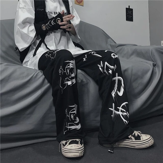 Black Harajuku printed anime sweatpants male streetwear wide leg