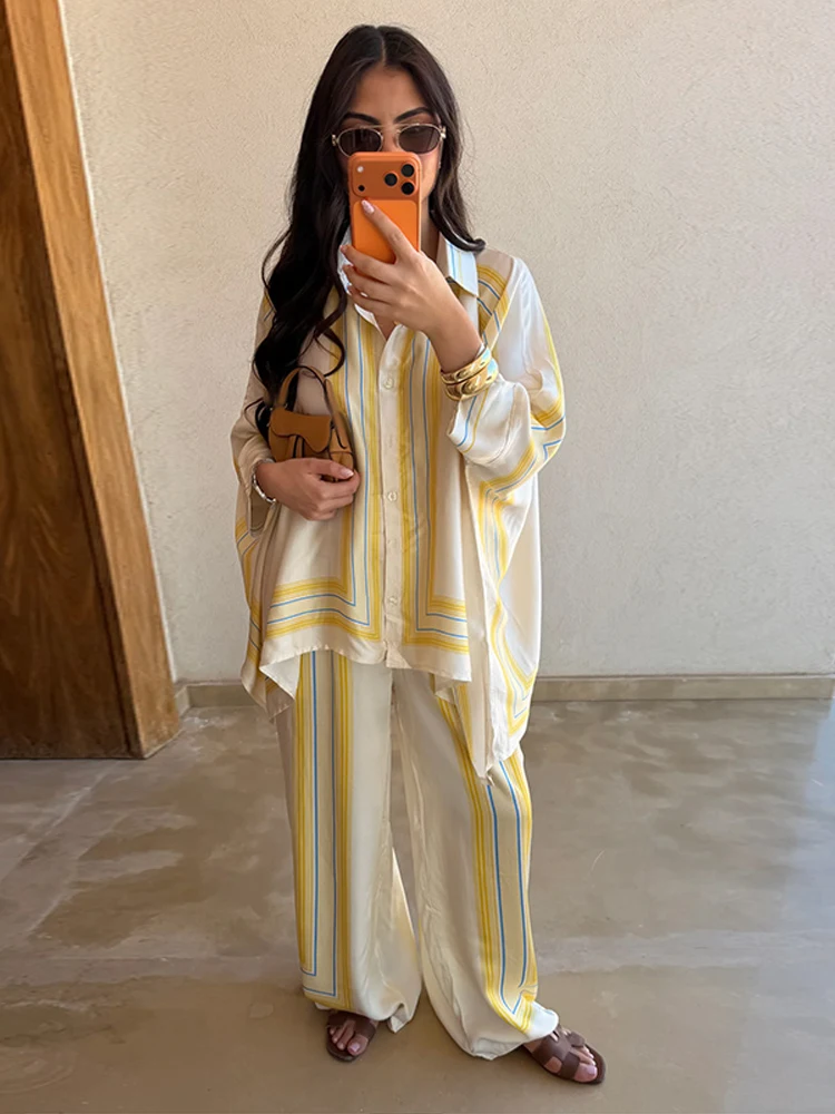 Color Block Striped Batwing Sleeve Shirt Set Loose Single Breasted Top Wide Leg Pants 2026 Summer Casual Fashion Two-piece Sets