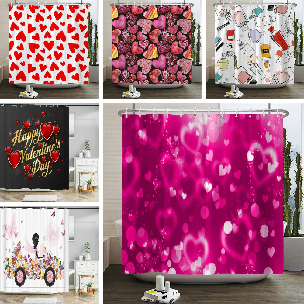 

Happy Valentines Day Shower Curtain Red Rose Love Heart Balloon Pattern Home Decor Waterproof Fabric Bathroom Curtain with Hooks