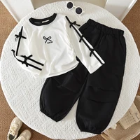 Vêtements pour filles, nouvelle mode d'automne, décoration avec nœud rouge, lettre brodée, haut à manches longues + pantalon de travail, ensemble 2 pièces, vêtements pour enfants 4