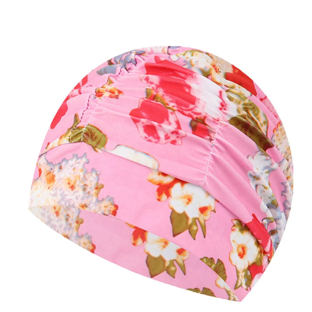 Elastic Nylon Turban Pool Bathing Hats Long Hair Bathing Swimming Protect Caps Men Women Flowers Printed Pleated Swimming Cap 3
