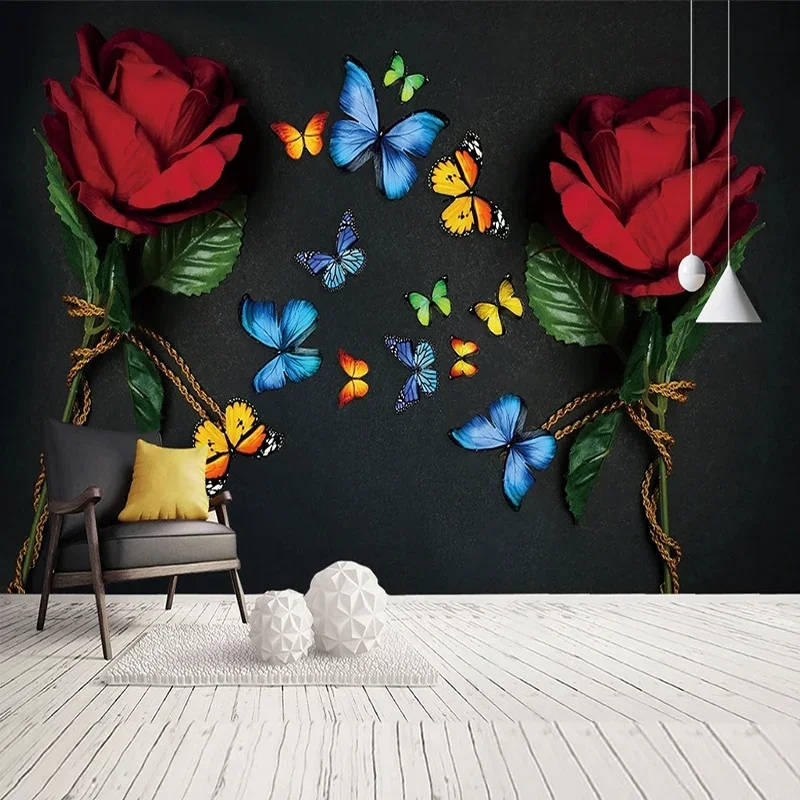 

Custom Photo Wallpaper European Simple Retro Red Rose Butterfly Mural Living Room Bedroom Background Home Decor 3D Wall Painting