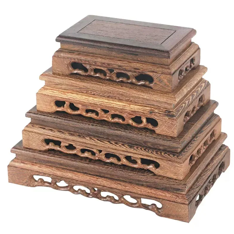 Solid Wood Square Hollow out Base, strange Stone incense Burner, Buddha Statue, Stone Vase, Flowerpot Bracket, Table