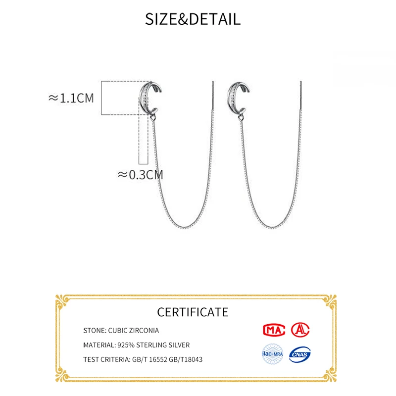Clip Earrings SOFTPIG Real 925 Sterling Silver Zircon Cross Chain Tassel Clip Earrings For Women Party Fine Jewelry Hiphop Accessories ear clip earrings clip earrings ear clip ear accessories