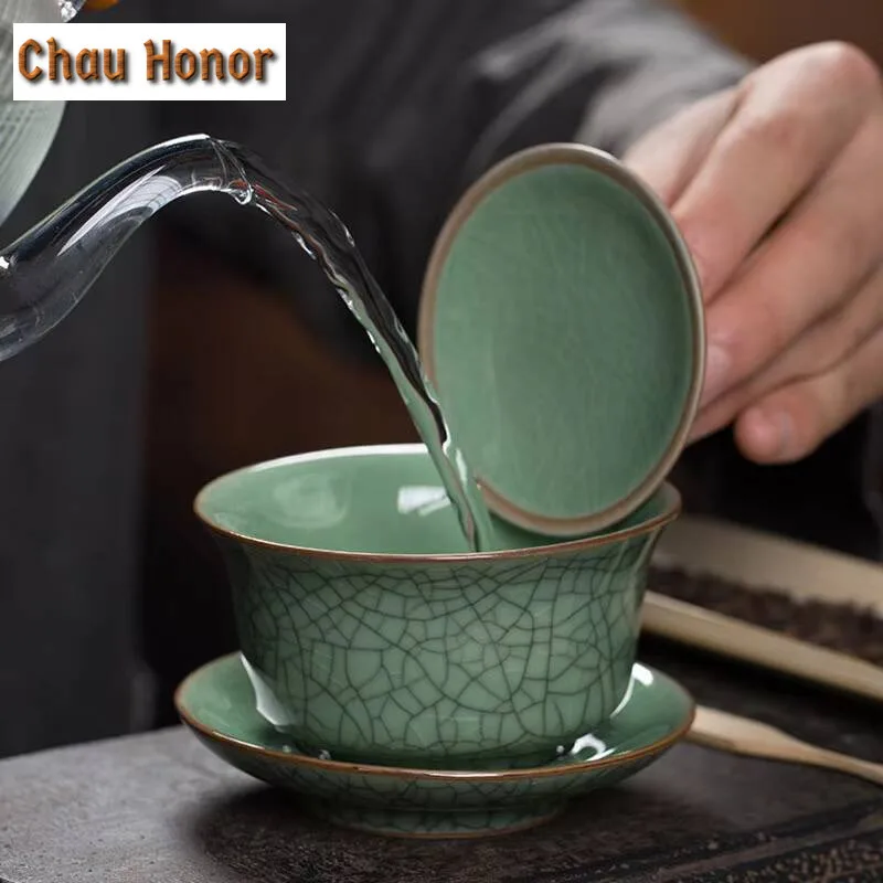 135ml Chinese Longquan Celadon Kung Fu Tea Set Manual Sancai Cover Bowl Ceramic Ge Kiln Ice Crack Hand Grab Tea Bowl Drinkware