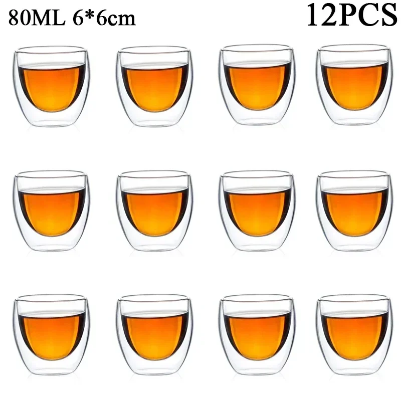 이중 벽 유리 쿵푸 차 컵, 투명 커피 우유 물 머그잔, 고 붕규산염 유리 음료 용기 차 세트, 80ml, 150ml, 2-18PCs
