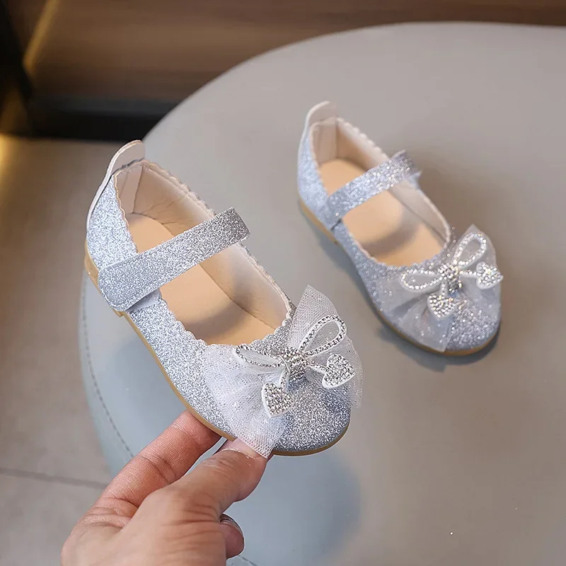 Girls Leather Party Shoes with Sequins and Soft Bottom