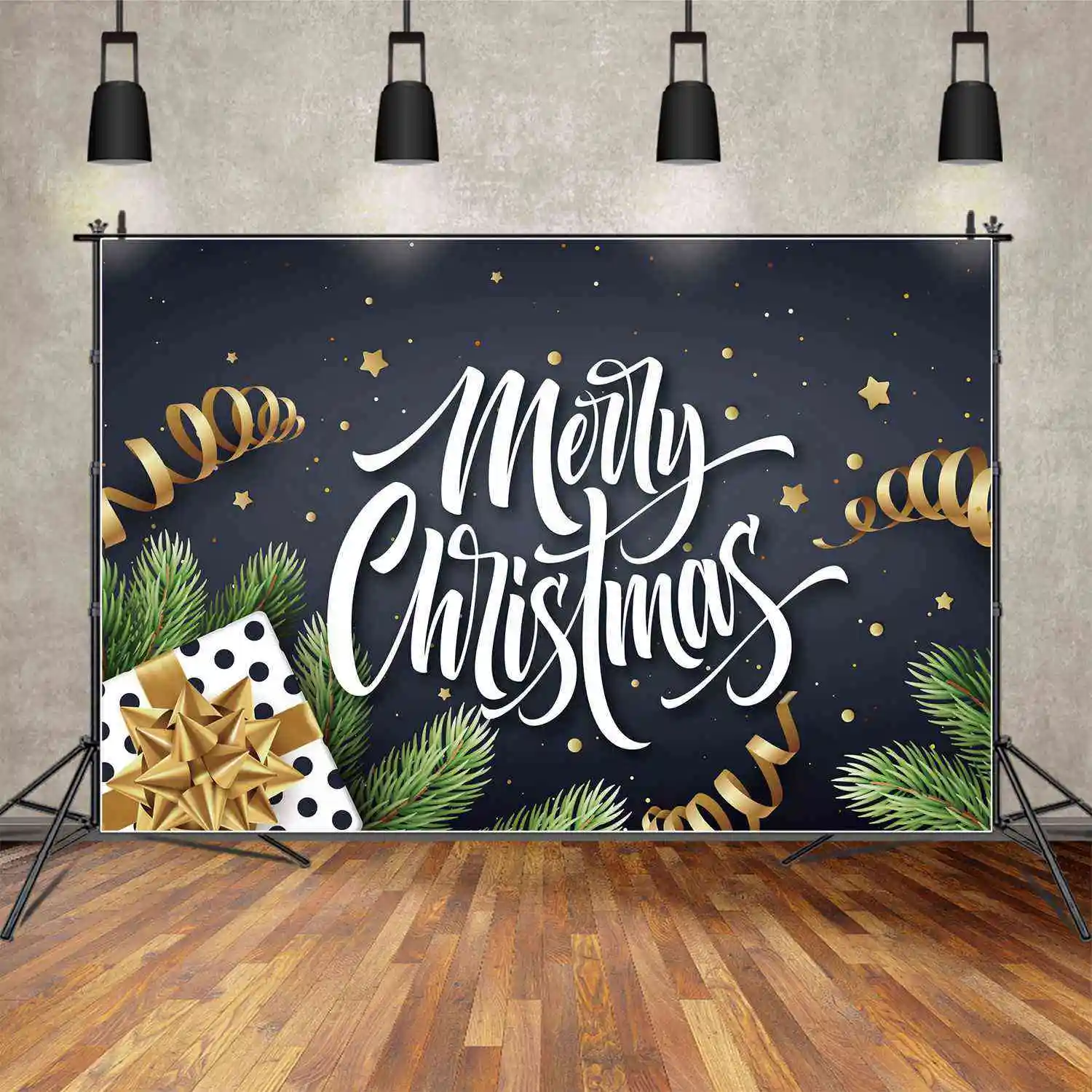 

MOON.QG Backdrop Merry Christmas Banner Gold Ribbon Star Sky Decoration Background Children Gift Pine Party Photo Booth Props