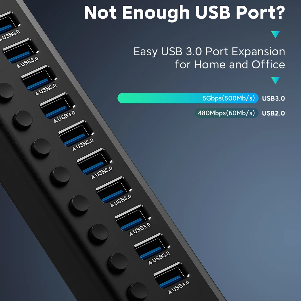 RSHTECH 100W Powered USB 3.0 Hub 16 Port Expander 5Gbps USB Splitter with Switches Power Adapter for Laptop Accessories MacBook 3