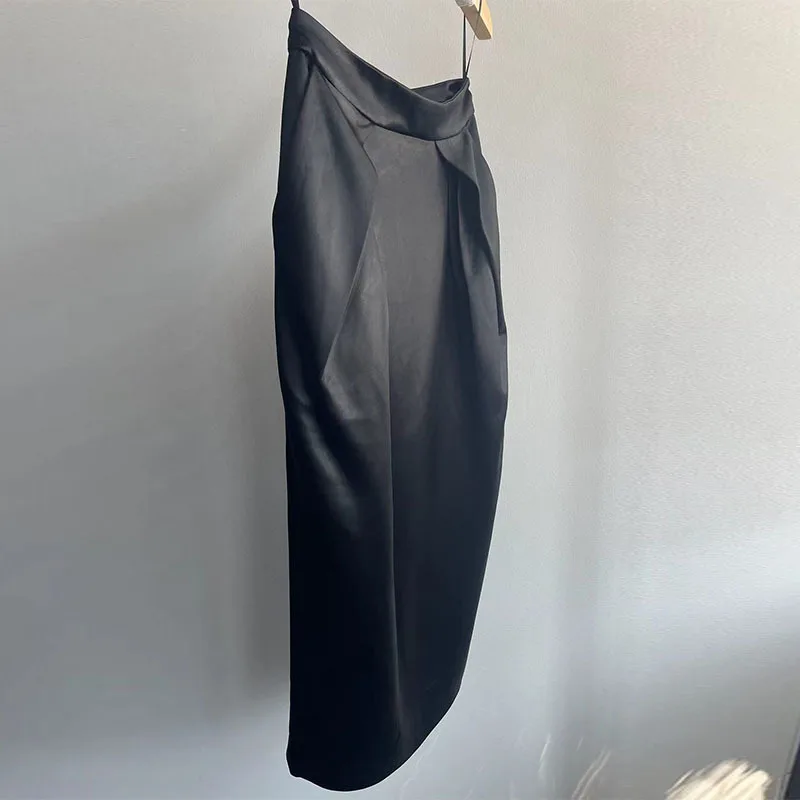 

23New Classic Acetic Acid Layer Faux Leather Folds Skirt Fashion Runway High Waist Bag Hip Skirts Chic Women Sexy Black Clothing