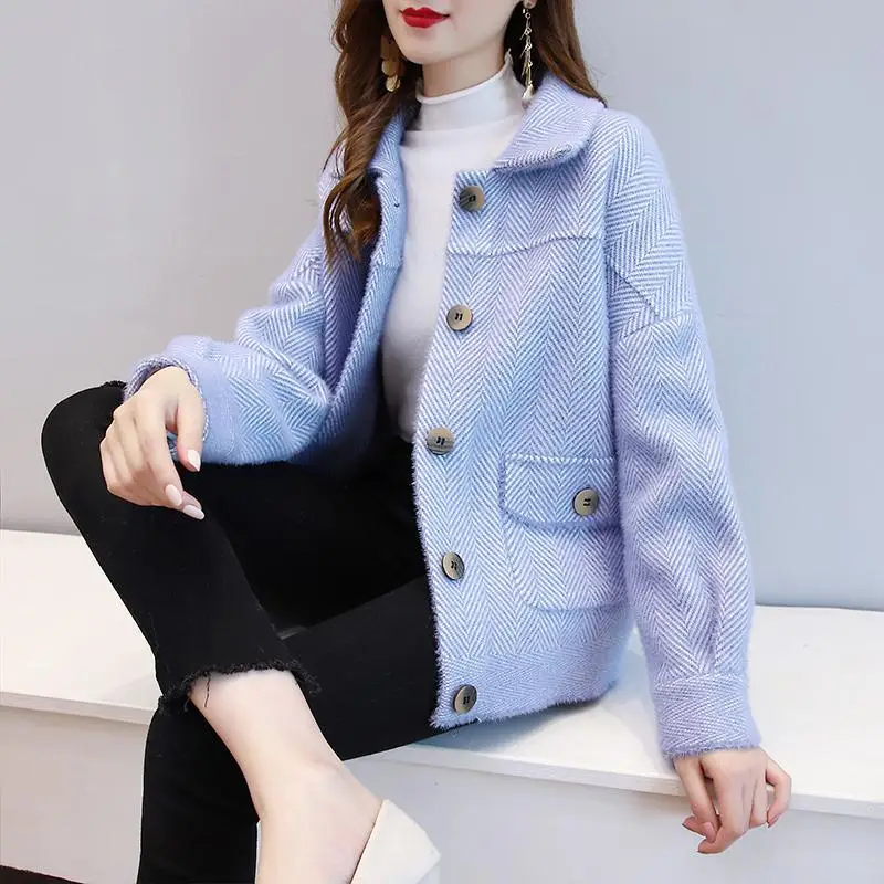 

Nice New Women Woolen Jacket Female Imitation Mink Velvet Coat Ladies Short Wool Coats Lady spring Autumnr Knit Cardigan Tops C