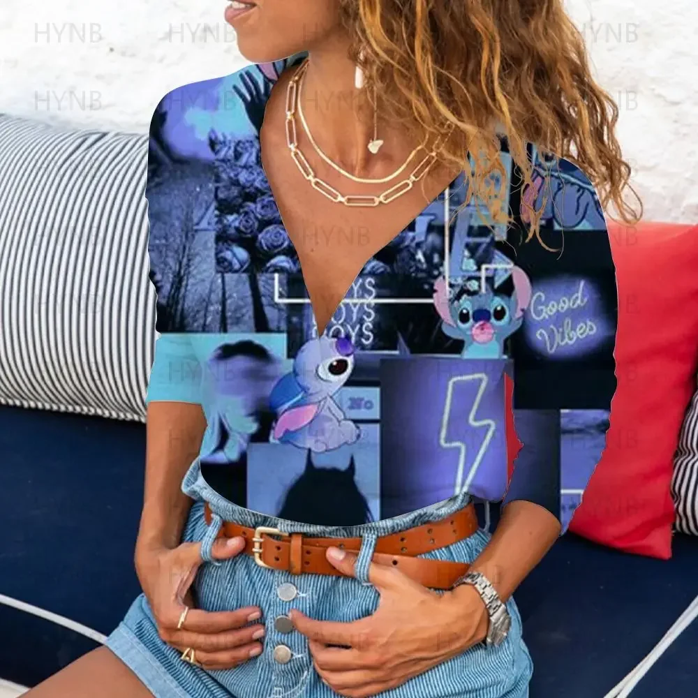 T-shirts Summer Streetwear Y2k Disney Stitch Sexy Clothes V-Neck Tops Women 2022 Cool Emo Long Sleeves Crop Top Polo Kawaii Kpop 6