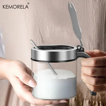1 pz barattolo di condimento in vetro coperchio in acciaio inossidabile con cucchiaio bottiglia di condimento saliera forniture da cucina set di immagazzinaggio scatole di spezie 1