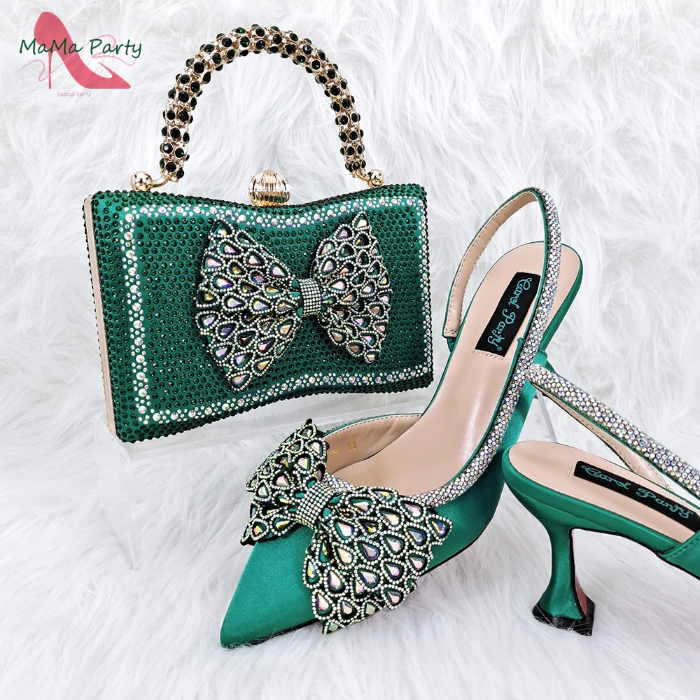 

Fashion Newest Style Pointed Toe with Cryastal Elegant African Women Shoes Matching Bag Set in Green Color for Wedding Party