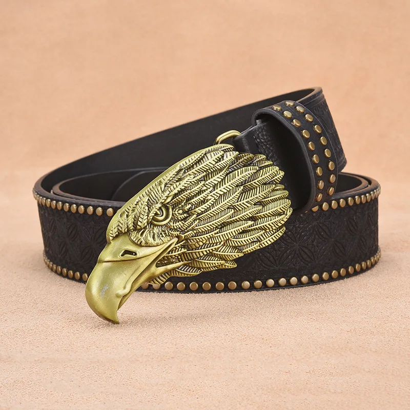 

Fashion Personalized Punk Eagle Head Buckle Men's Belt Vintage Solid Color Embossed Denim Rivet Decoration Belt Accessories Gift