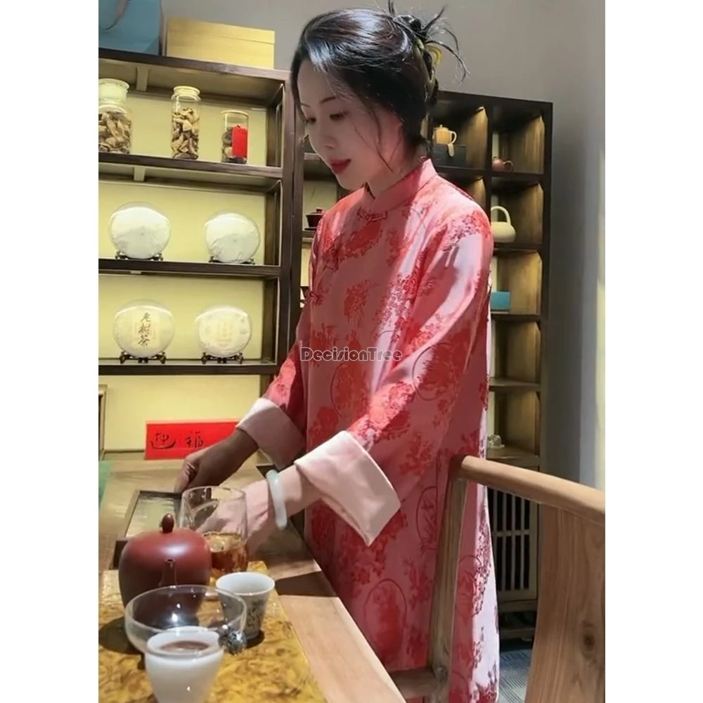 chinese style improved printing diagonal front buckle cheongsam top long sleeve mid length jacket fashionable loose shirt