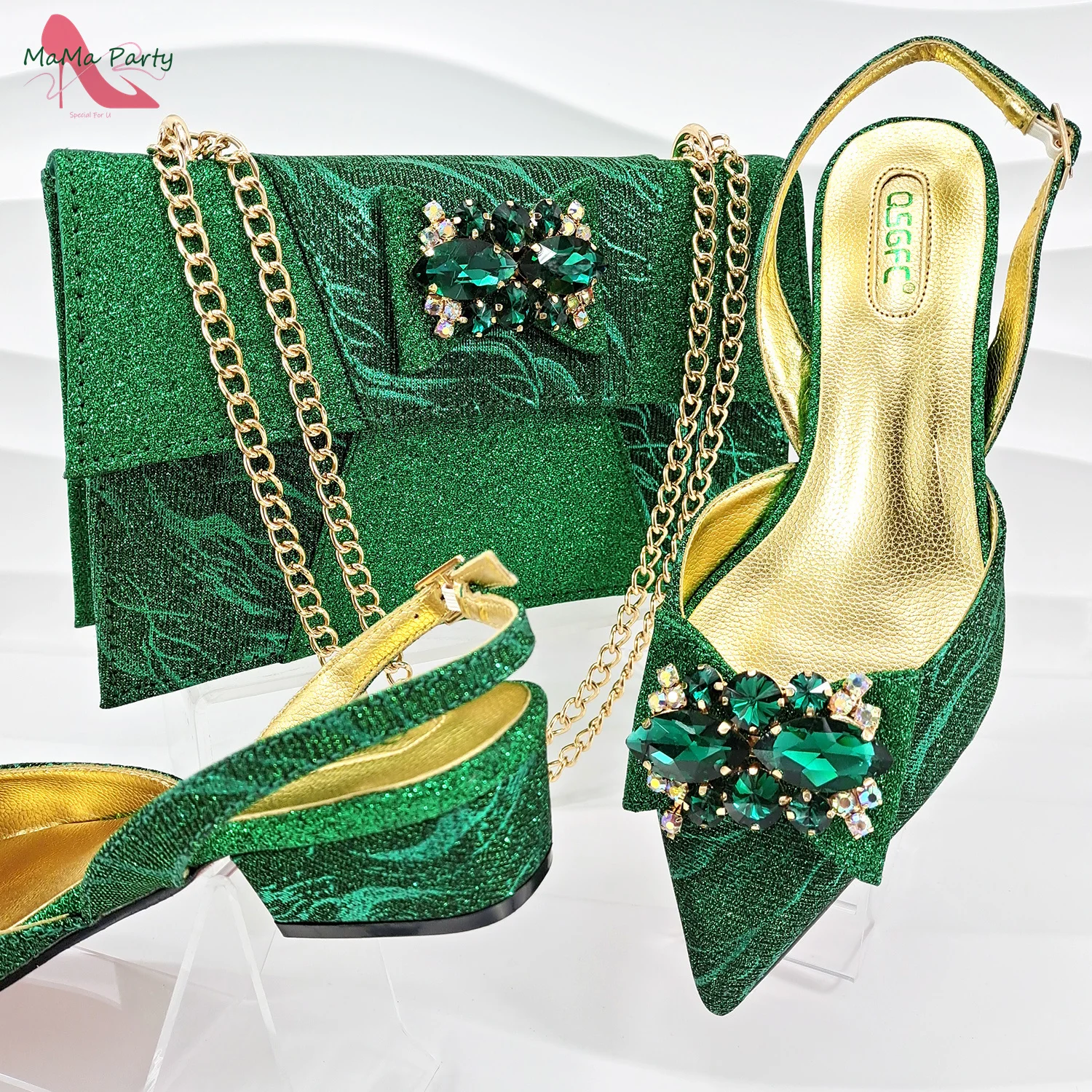 

Low Heels Elegant New Arrivals Decorate with Rhinestone Comfortable Italian Women Shoes Matching Bag Set in Green for Wedding Pa