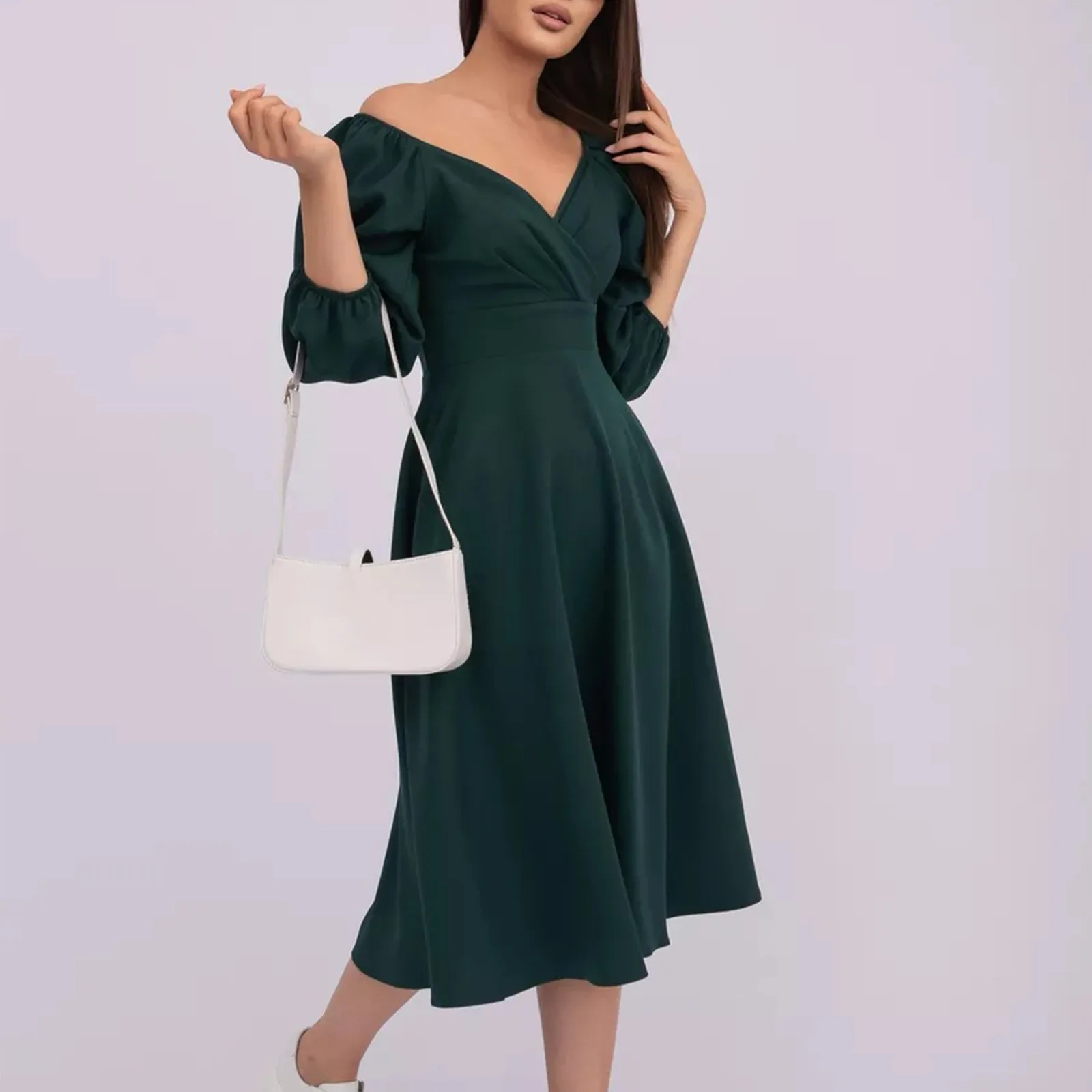

Women'S Dress With Solid V-Neck And Waist Cinched Bubble Sleeves Elegant Dress Vestido De Gala Mujer Solid Solor Elegant Gowns