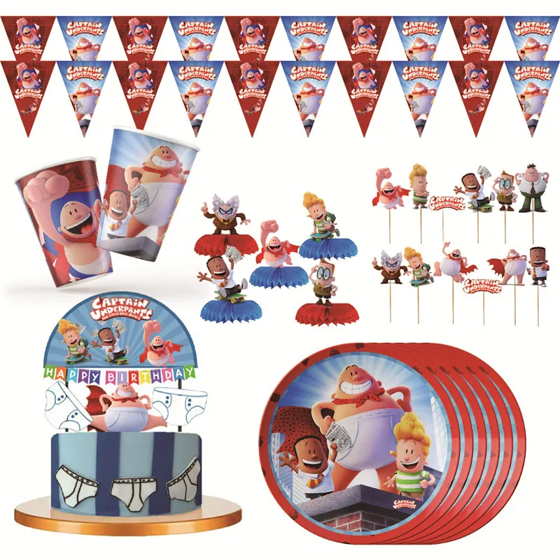 Game Captain underpant Birthday theme favor party supplies Party Set Paper Cup Plate Gift Bag Napkin Flag Cake Topper Gift 57pcs lot diseny winnie pooh birthday party tableware set plate napkin cups flag straw kids favor boys party decoration