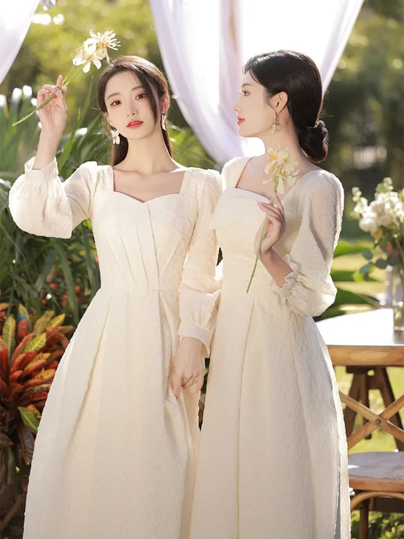 

Champagne Bridesmaid Party Dress Women 2023 Chinese Style Long Sleeve Skirts A-line Slim Banquet Vestidos Women's Prom Dresses