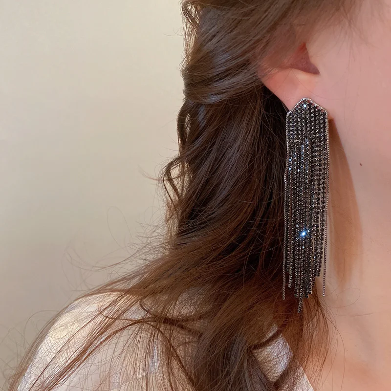 Rhinestone Tassel Drop Earrings Women Long Earrings Black Color