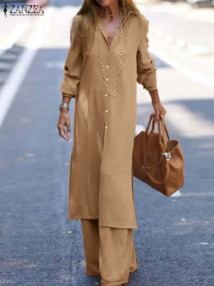 ZANZEA Casual Loose Femme Outfits Women Holiday 2023 Autumn Long Sleeve Shirts Sets Fashion Long Tops and Pants 2 PCS Pant Sets