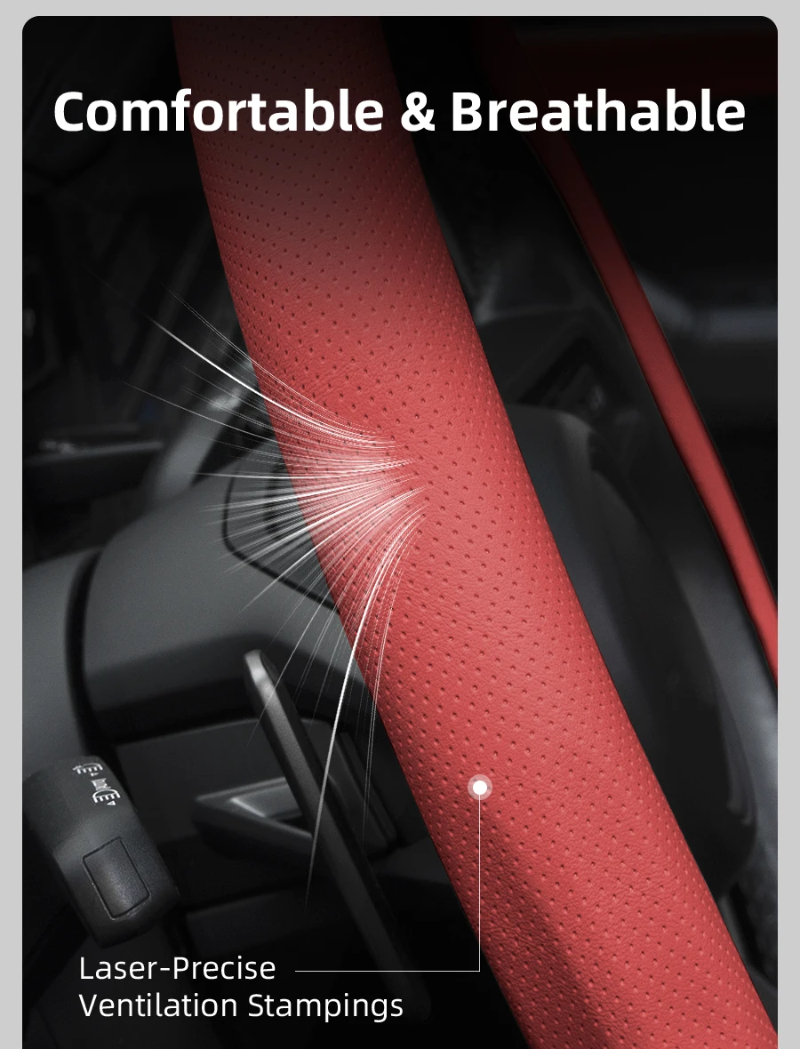 Passend für Toyota Lenkradbezug aus perforiertem Leder, rutschfest, atmungsaktiv, integrierte Schutzhülle, Corolla Rav4 Hilux Camry Yaris Fortuner Land Cruiser Tacoma 4Runner Sienna Highlander Prado C-Hr Rot – Detail 6