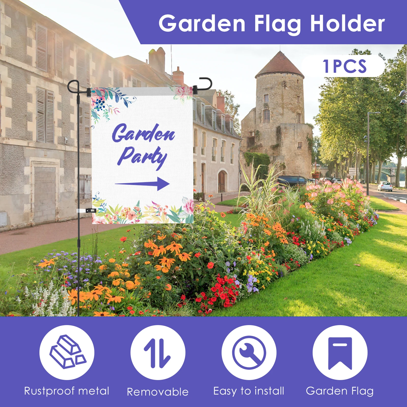 Garden Flag Stand 34 Inch Wrought Iron Flag Poles for 13-Inch Flags Rust Resistant with Anti Wind Clips for Outdoor Garden Lawn