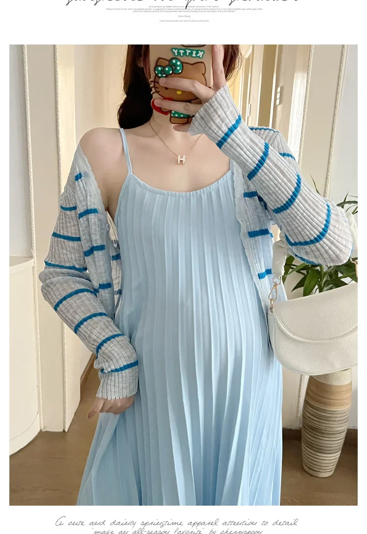 Spring Elegant Maternity Dress Suits Fashion Striped Knitted Shirts Strap Pleated Dress Twinset Pregnant Woman Beach