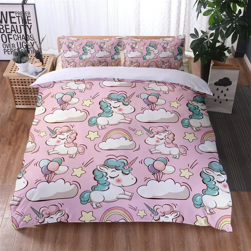 

Custom Colorful Unicorn Print Bedding Set 3D Cartoon Animal Pattern Duvet Cover Bedroom Decor With Pillowcases For Girls Gift