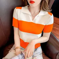 Female Polo Neck Tee Shirts Luxury Short Sleeve Fitted T Shirt High Quality Pullover Good Xxl Top Original Knitted Y2k Striped - Image 4