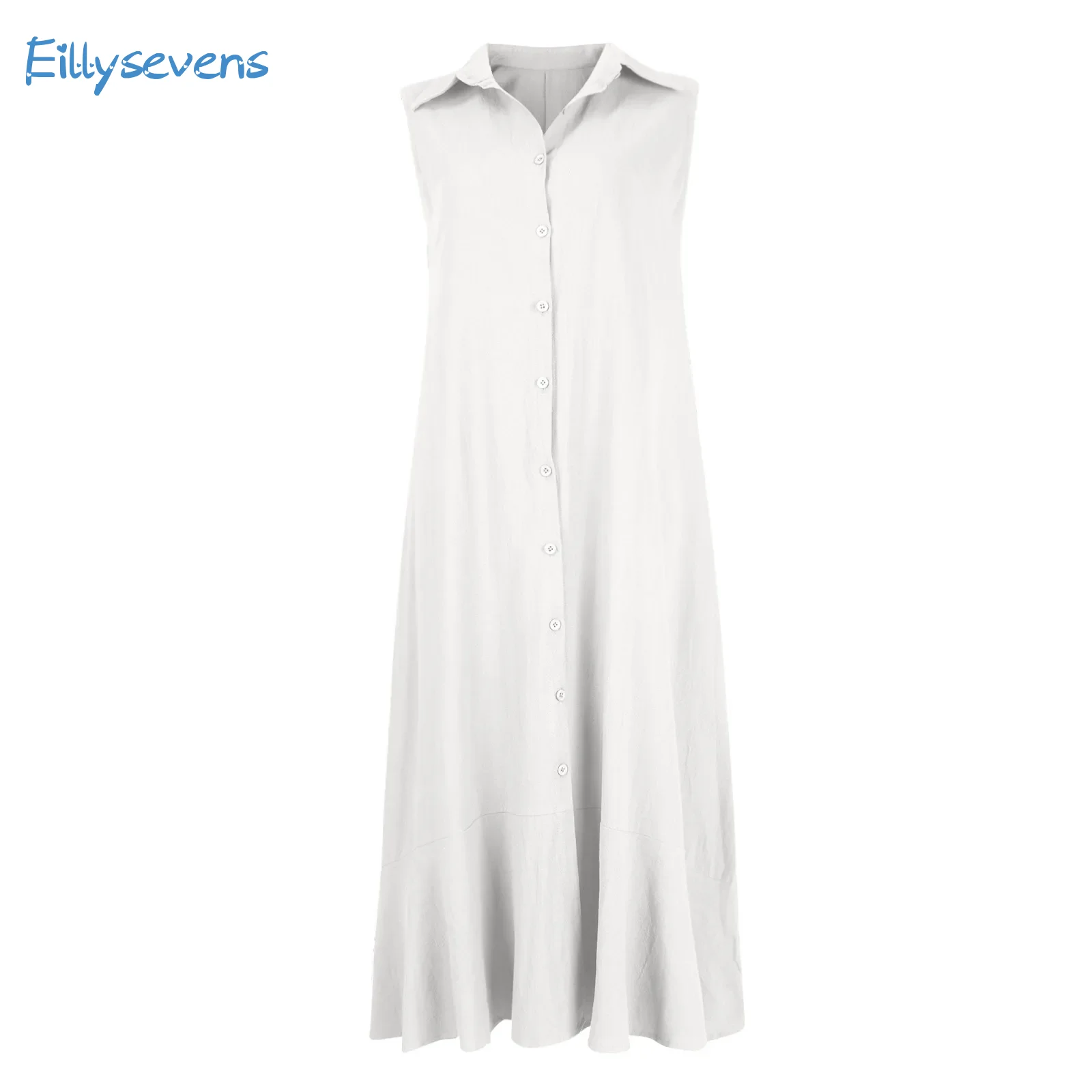 

Women'S Lapel Sleeveless Dresses Daily Leisure Vacation Cotton Linen Big Swing Long Solid Color Dresses Loose Button-Down Dress