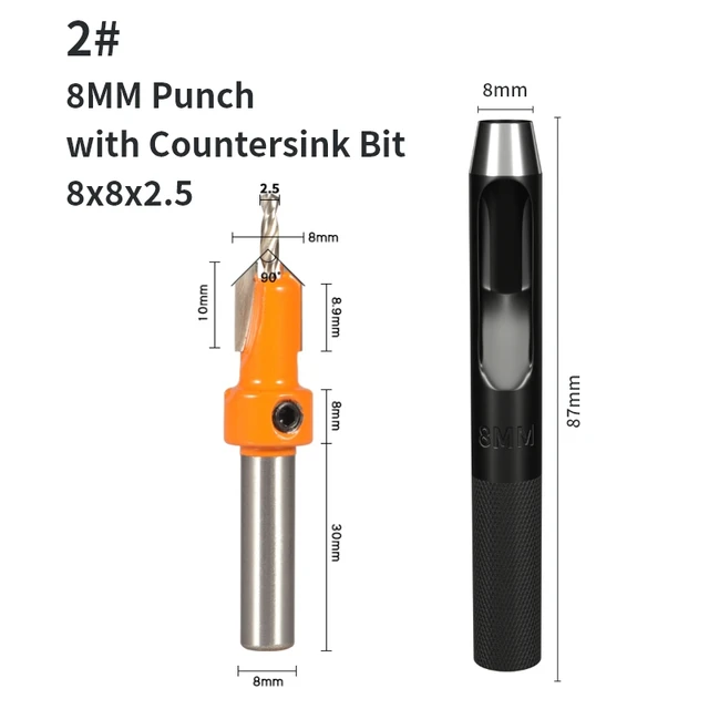 YUSUN 2PCS 8MM Shank Countersink with Punch Router Bit Woodworking Milling Cutter For Wood Face Mill 8x8x2.5with Punch