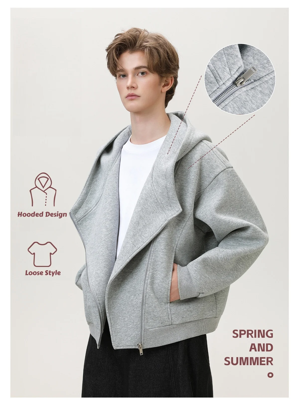 Slant Zipper Cardigan Hooded Sweatshirt Men's Autumn Winter Heavyweight Textured Short Wide Silhouette Jacket Casual Coat Women