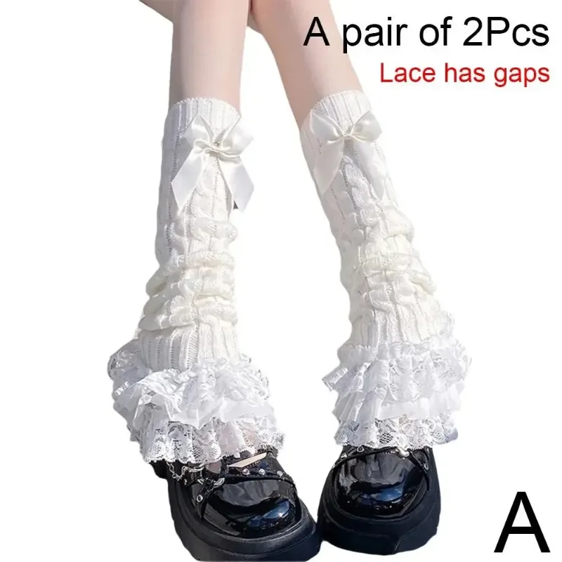 Japanese Women Knitted Leg Warmer Bow Tiered Ruffled Socks Girl Lace Lolita Socks Calf T-shaped Lace Leg Horn Warmers Women