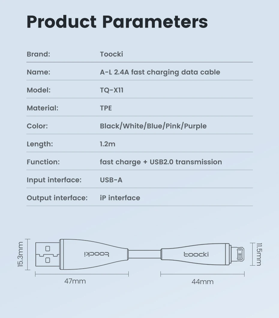 Toocki USB A-Kabel für iPhone 14 13 12 11 Pro Max Xs Xr X SE 8 7 6 Plus Schnellladung 2,4 A 480 Mbit/s TPE-Handy-Datenkabel – Detail 12