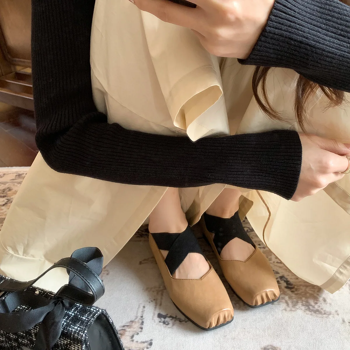 

Ballet shoes genuine leather square toe French retro shallow cut single shoe cross tie soft sole Mary Jane shoes for women