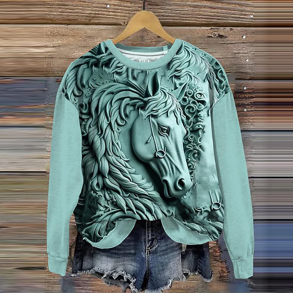 

3d Horse Printing Women's Hoodie Autumn Pullover O-Neck Vintage Sweatshirts For Women Fashion Casual Female Loose Cotton Clothes