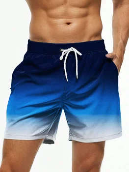 Men's Beach Shorts Gradient Color Block Drawstring Summer Men's swim Trunks Elastic Waist 3D Print Breathable Short Streetwear 1