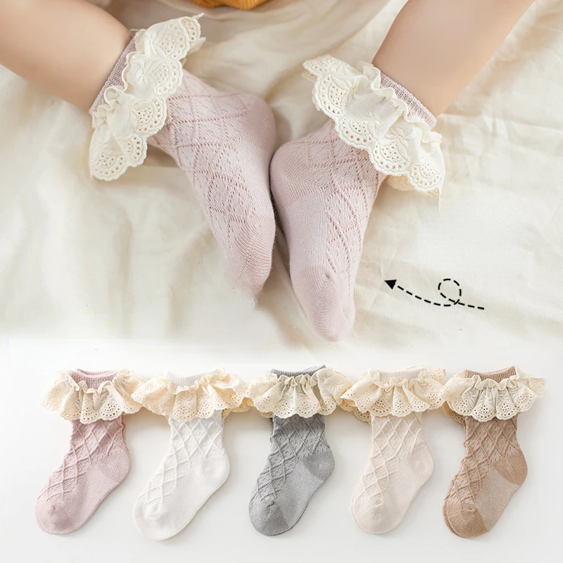 

2023 Fashion Newborn Toddlers Girls Ruffled Socks Frilly Cotton Ankle Socks with Lacework Decoration 0-3Y Baby Girls Socks