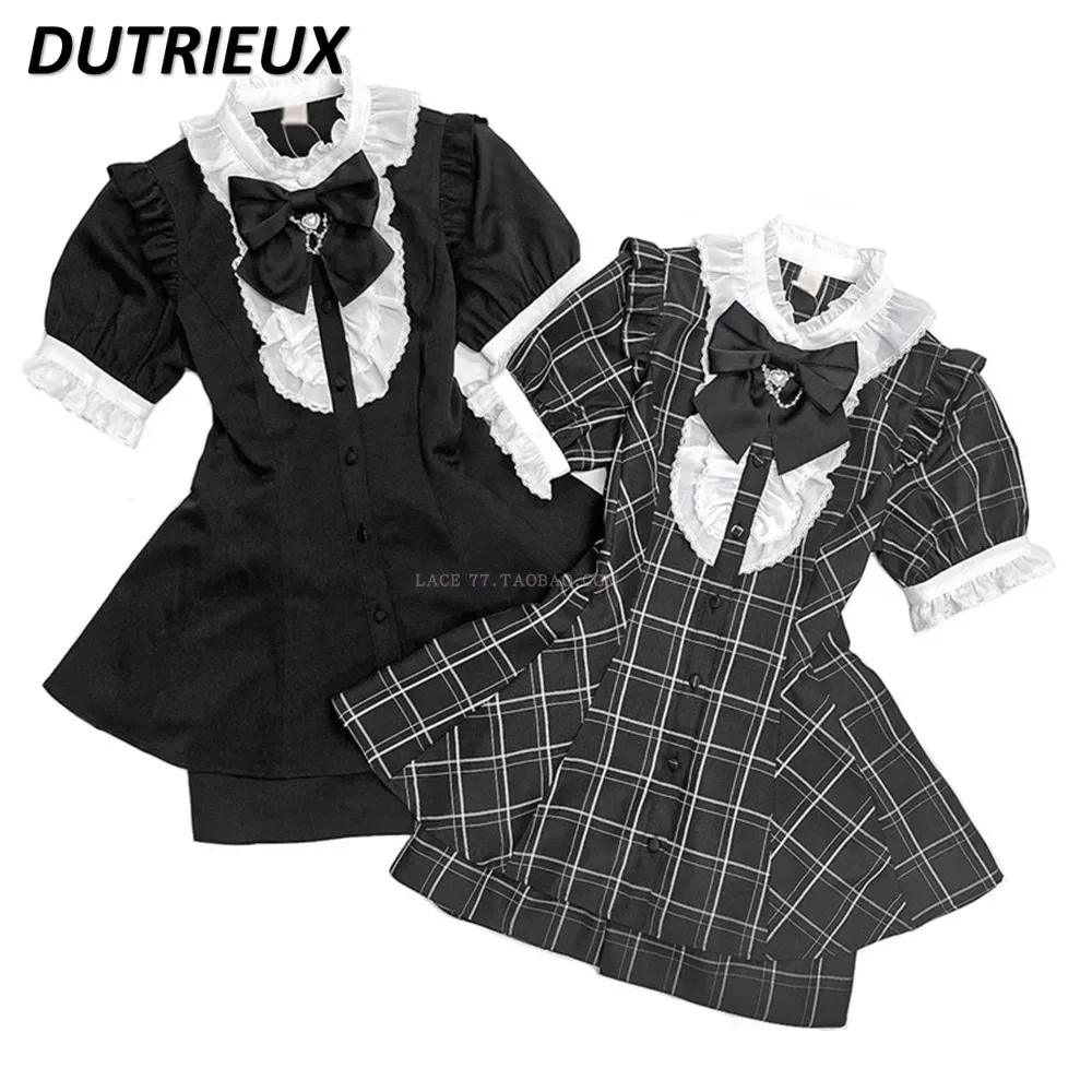 Japanese Lolita Mine College Style Short Sleeve Slim Fit Shirt Lace Placket Dress and Base Shorts Two Piece Suit with Bow Tie