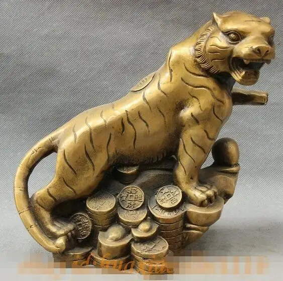 

Folk China Animal Year Zodiac Fierce Tiger Up YuanBao Coin Animal Statue