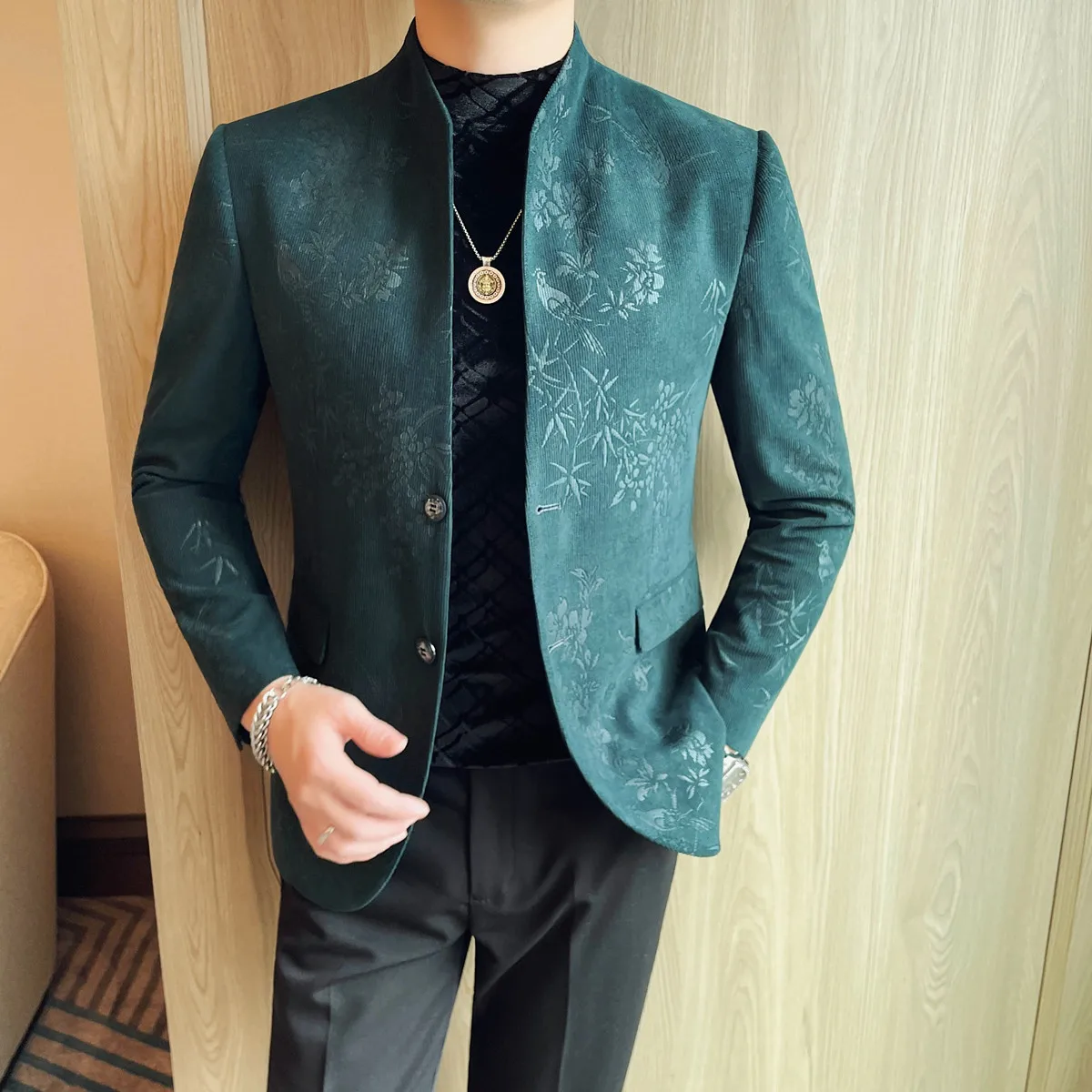 Men's New Chinese Stand Collar Blazer Jacket Fashion Elegant Printed Slim Fit Business Suits Jacket Tailcoat Men Clothing