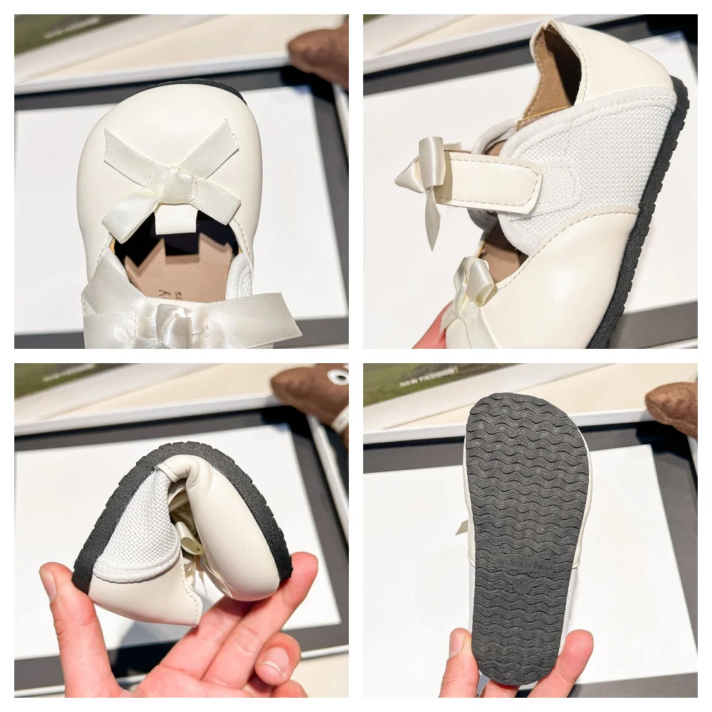 Leather Ballet Flats for Girls with Soft Sole and Cute Bow