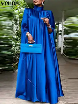Elegant Evening Dress VONDA Women Pleated Stand Collar Long Sleeve Satin Party Sundress Autumn Casual Solid Loose Robe Vestidos 1