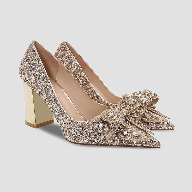 Gold bow high heels women's block heel silver crystal