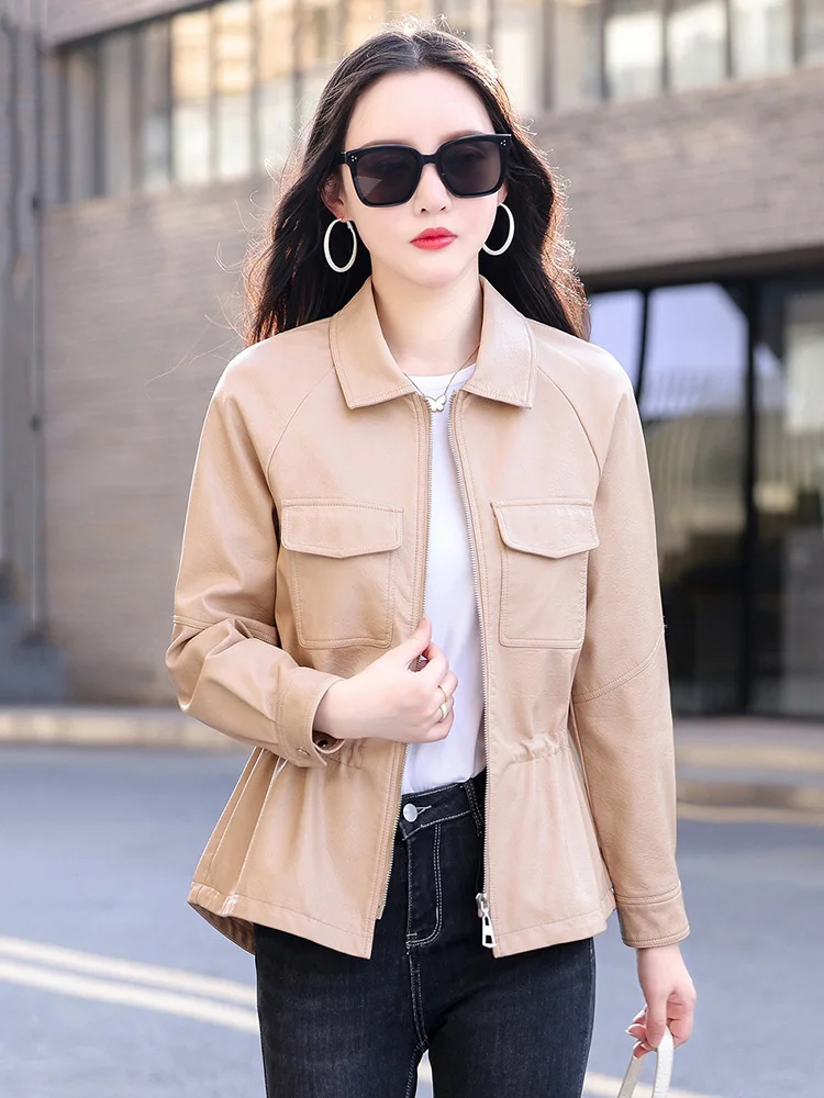 New Women Leather Jacket Spring Autumn Fashion Long Sleeve Drawstring Waist Sheep Leather Coat Casual Solid Biker Jacket Female